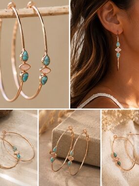 Boho Turquoise Hoop Earrings • Rose Gold Statement Earrings